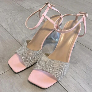NWOT Rhinestone and Pink Clear Acrylic Heels Ankle Strap, Size 8.5